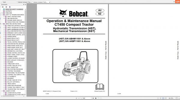 Bobcat Compact Tractor CT450 Operation Maintenance Manuals 1