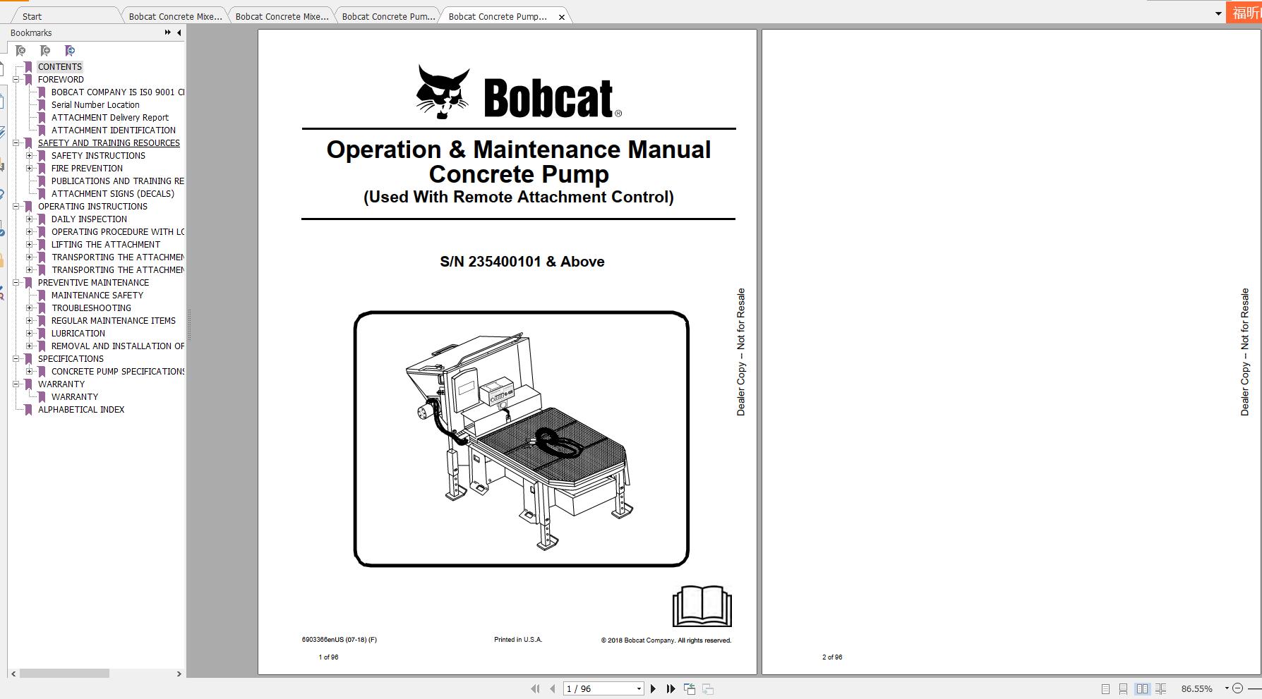 Bobcat Concrete Mixer Concrete Pump Operation Maintenance Manuals 1