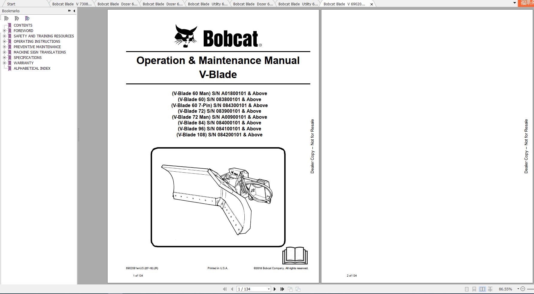 Bobcat Dozer Utility V Blade Operation Maintenance Manuals 1