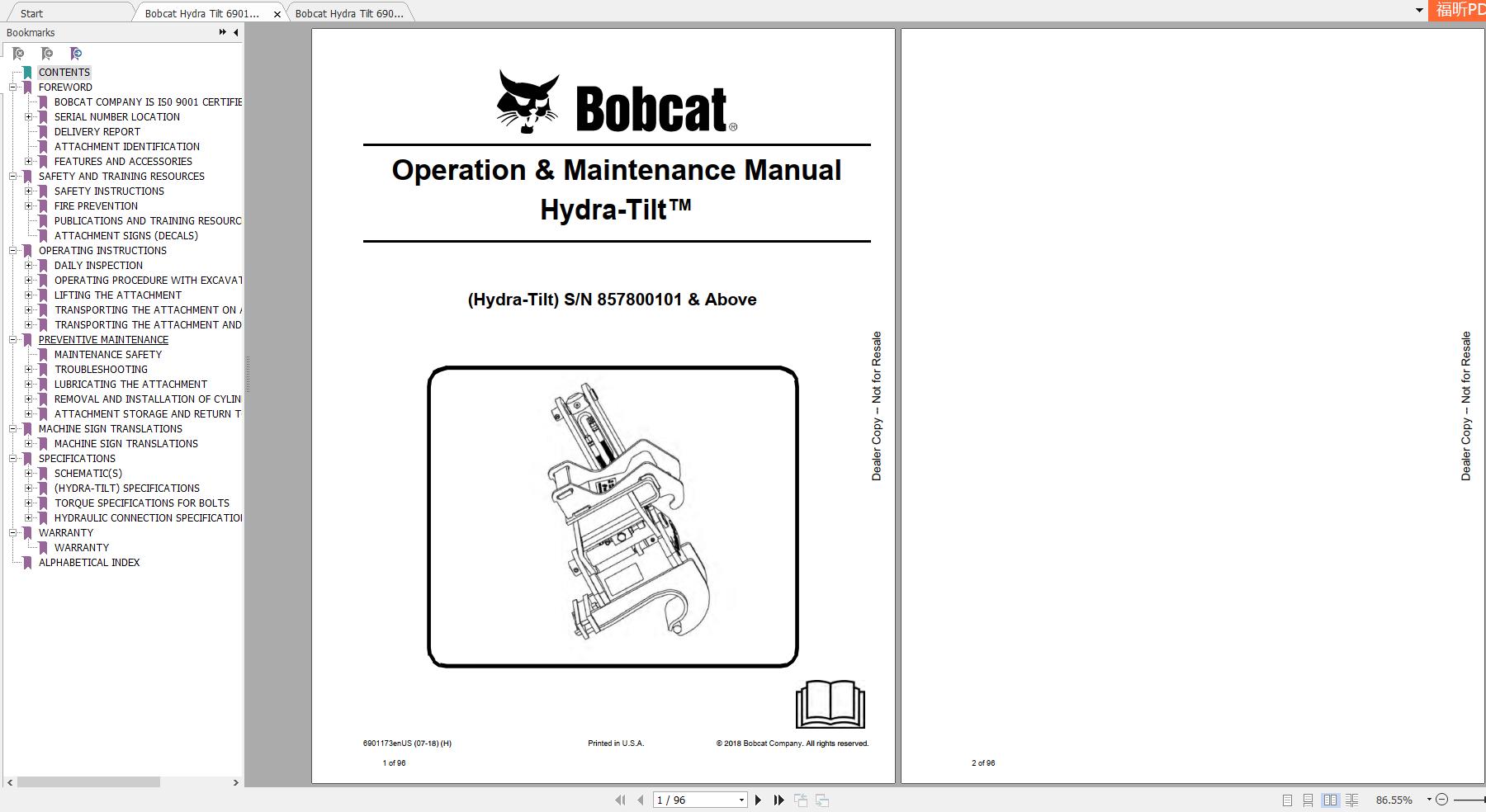 Bobcat Hydra Tilt Operation Maintenance Manuals 1