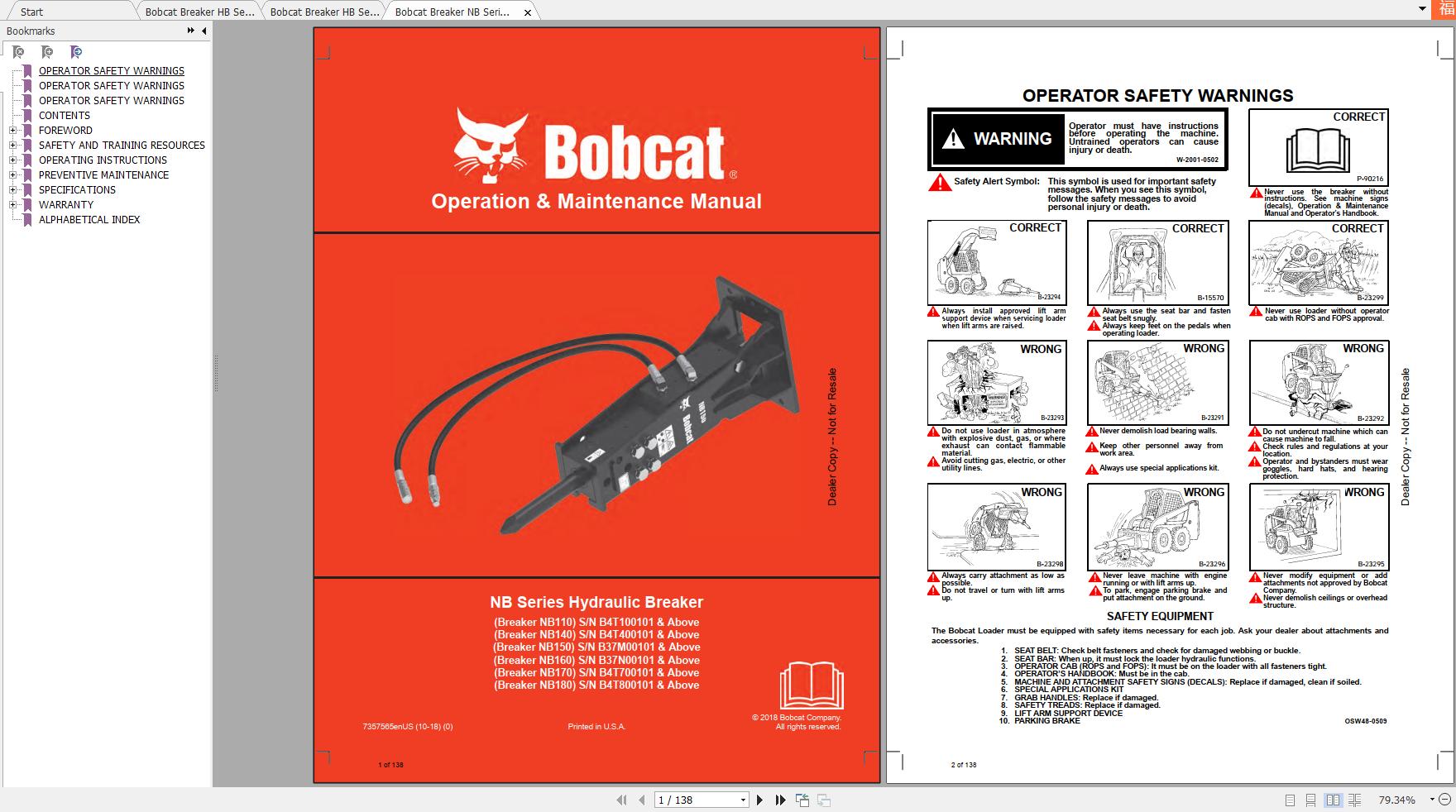 Bobcat Hydraulic Breaker HB Series Operation Maintenance Manuals 1