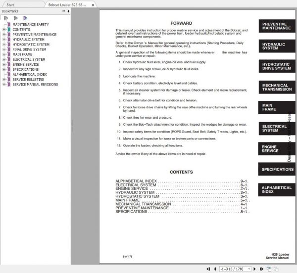 Bobcat Loader 825 Service Manual6549899 2