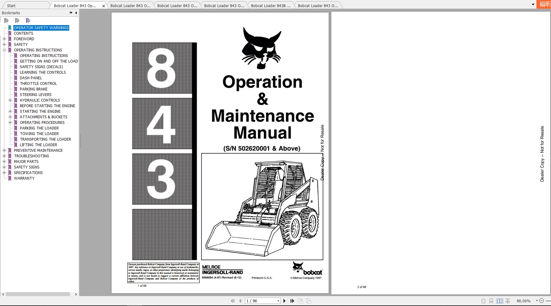 Bobcat Loader 843 Operation Maintenance Manuals 1