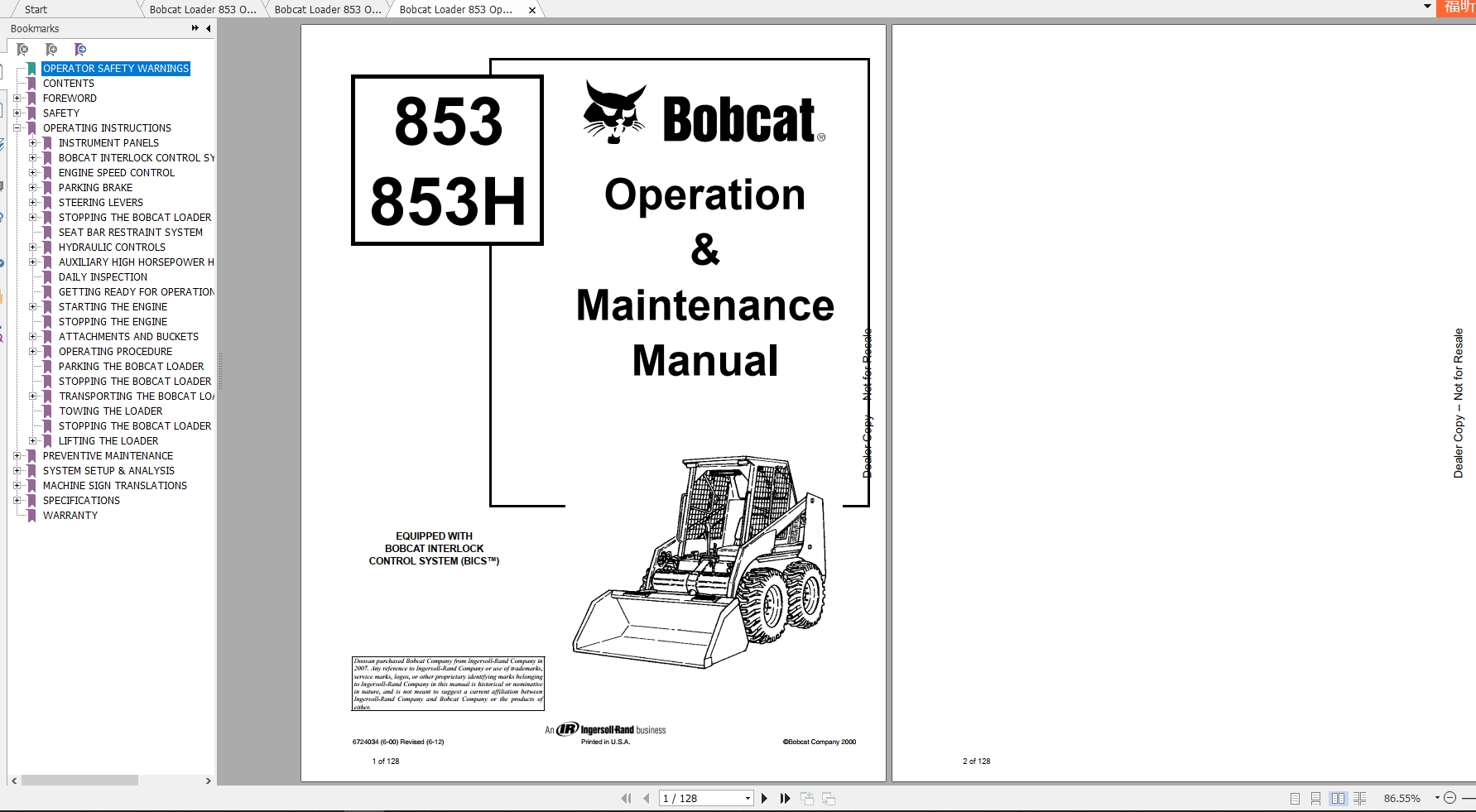 Bobcat Loader 853H Operation Maintenance Manuals 1