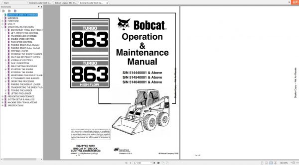 Bobcat Loader 863 Operation Maintenance Manuals 1