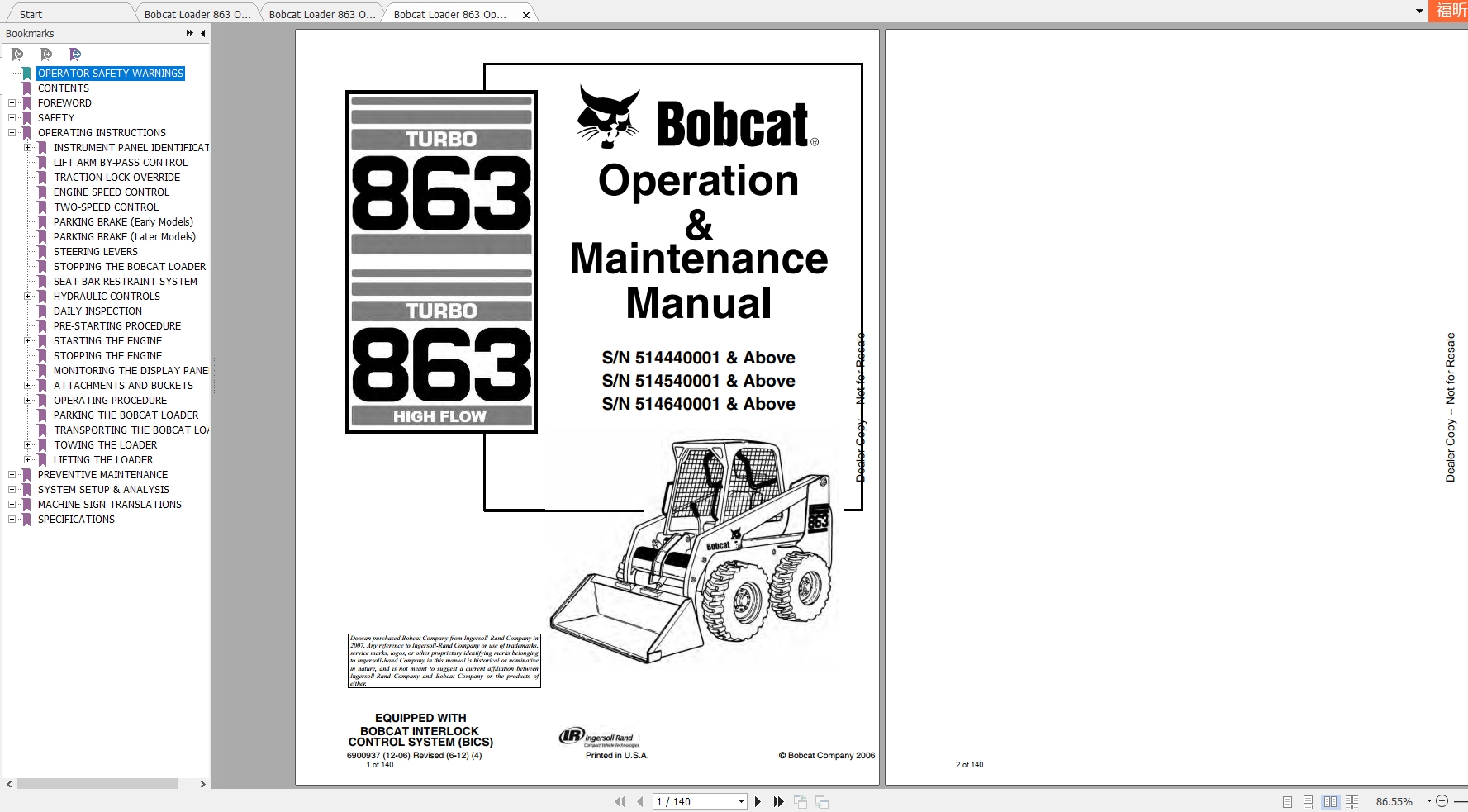 Bobcat Loader 863 Operation Maintenance Manuals 1