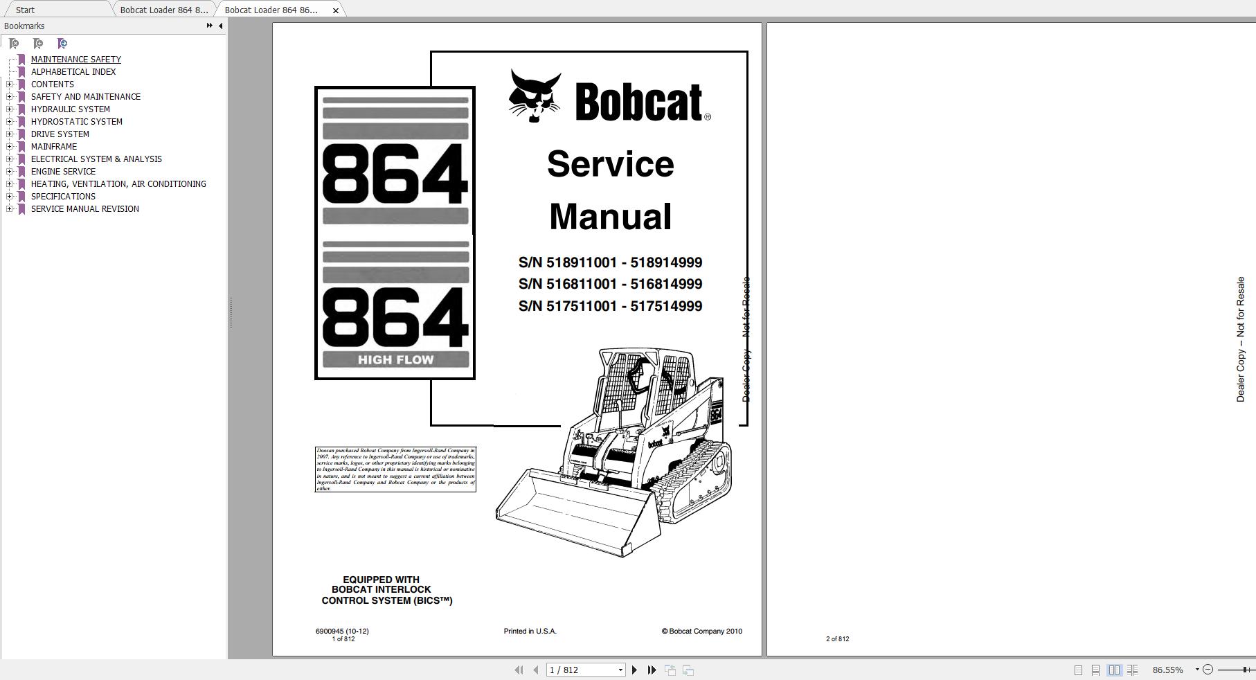 Bobcat Loader 864 HF Service Manuals 1