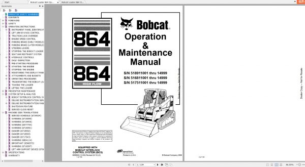 Bobcat Loader 864 Operation Maintenance Manuals 1