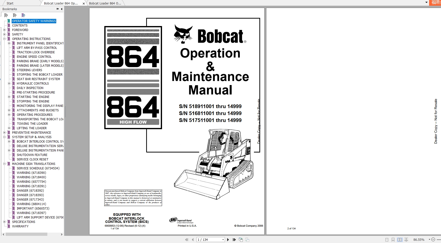 Bobcat Loader 864 Operation Maintenance Manuals 1