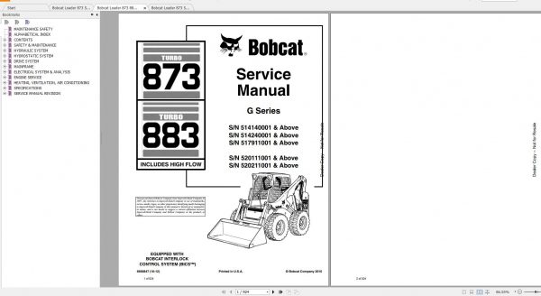 Bobcat Loader 873 883 Service Manuals 1