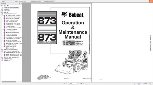 Bobcat Loader 873 Operation Maintenance Manuals 1