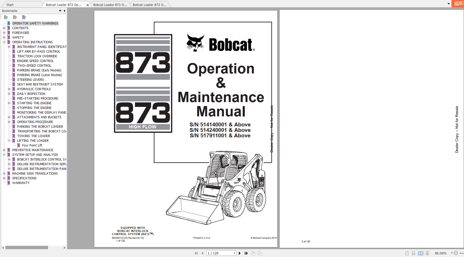 Bobcat Loader 873 Operation Maintenance Manuals 1
