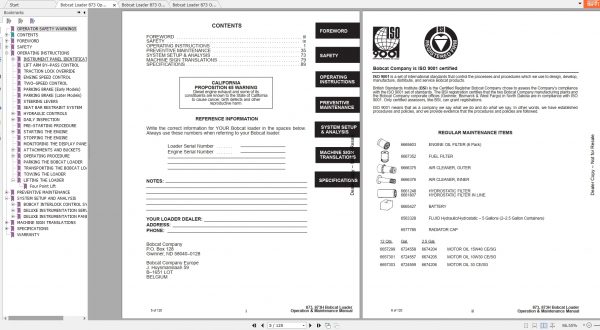 Bobcat Loader 873 Operation Maintenance Manuals 2