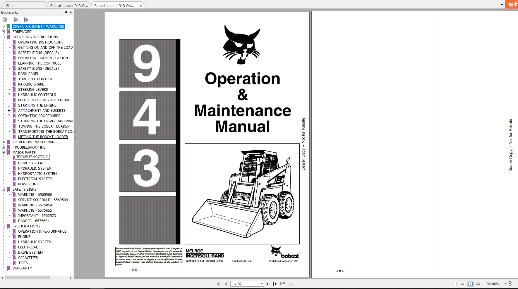 Bobcat Loader 943 Operation Maintenance Manuals 1