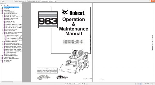 Bobcat Loader 963 Operating Maintenance Manuals 1