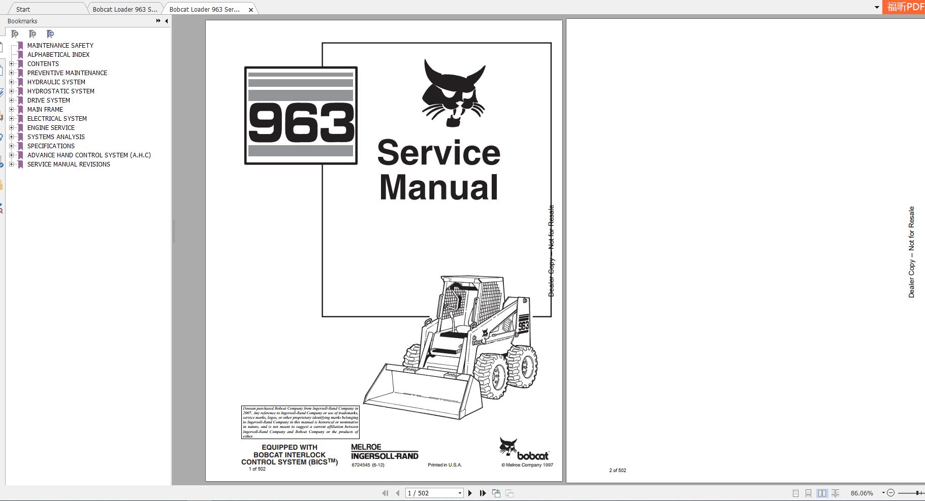 Bobcat Loader 963 Service Manuals 1