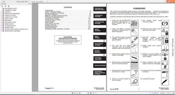Bobcat Loader 963 Service Manuals 2
