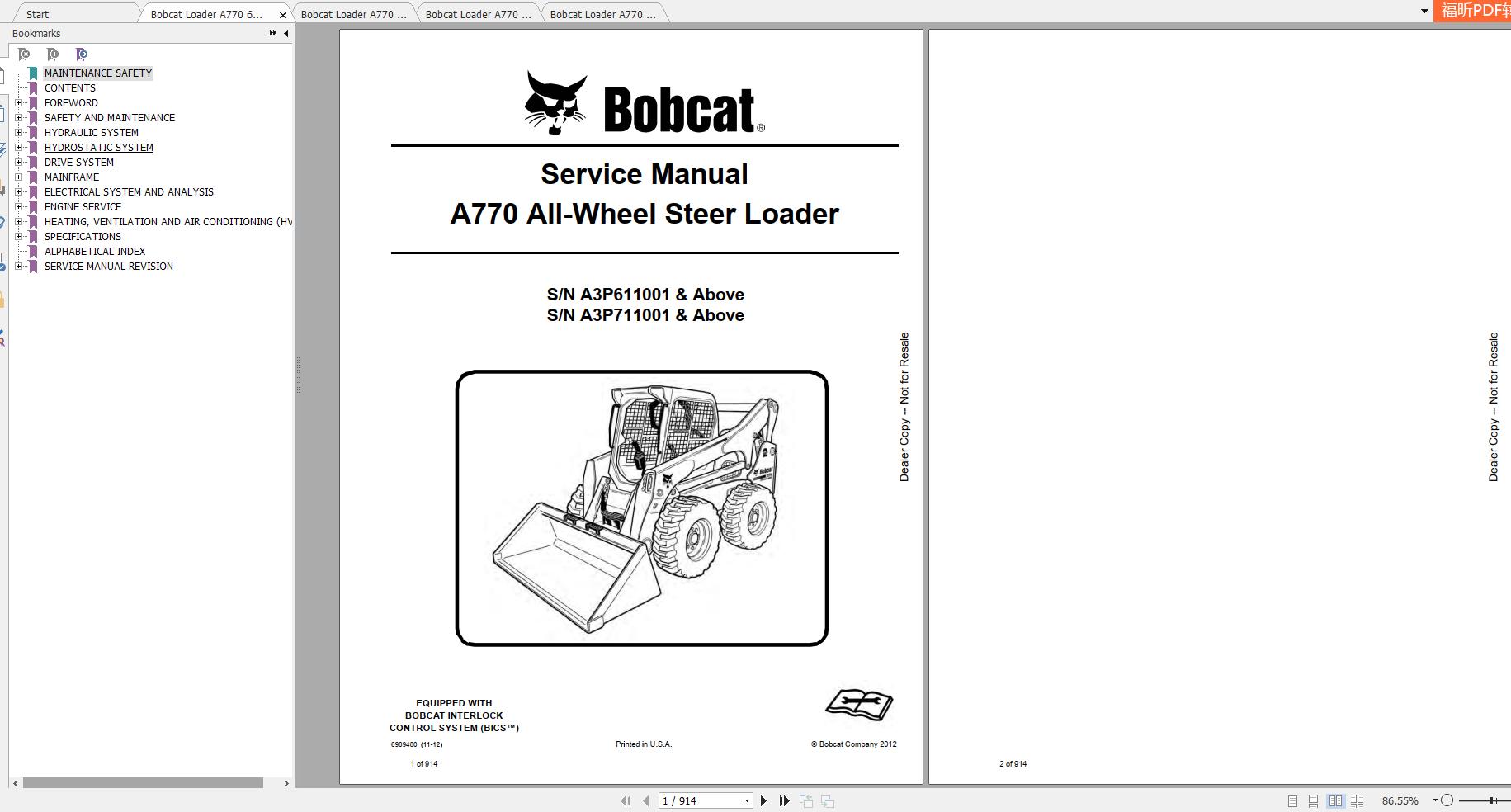 Bobcat Loader A770 Service Manuals 1