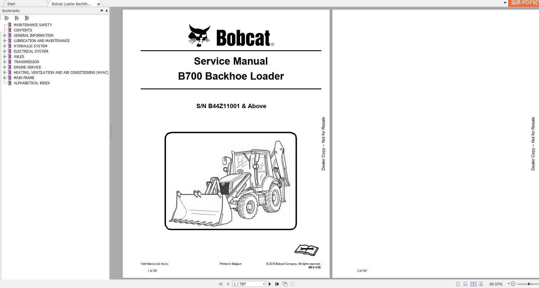 Bobcat Loader Bachkhoe B700 Service Manual7286756 1