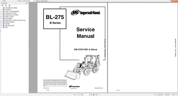 Bobcat Loader Bachkhoe BL275 Service Manuals 1