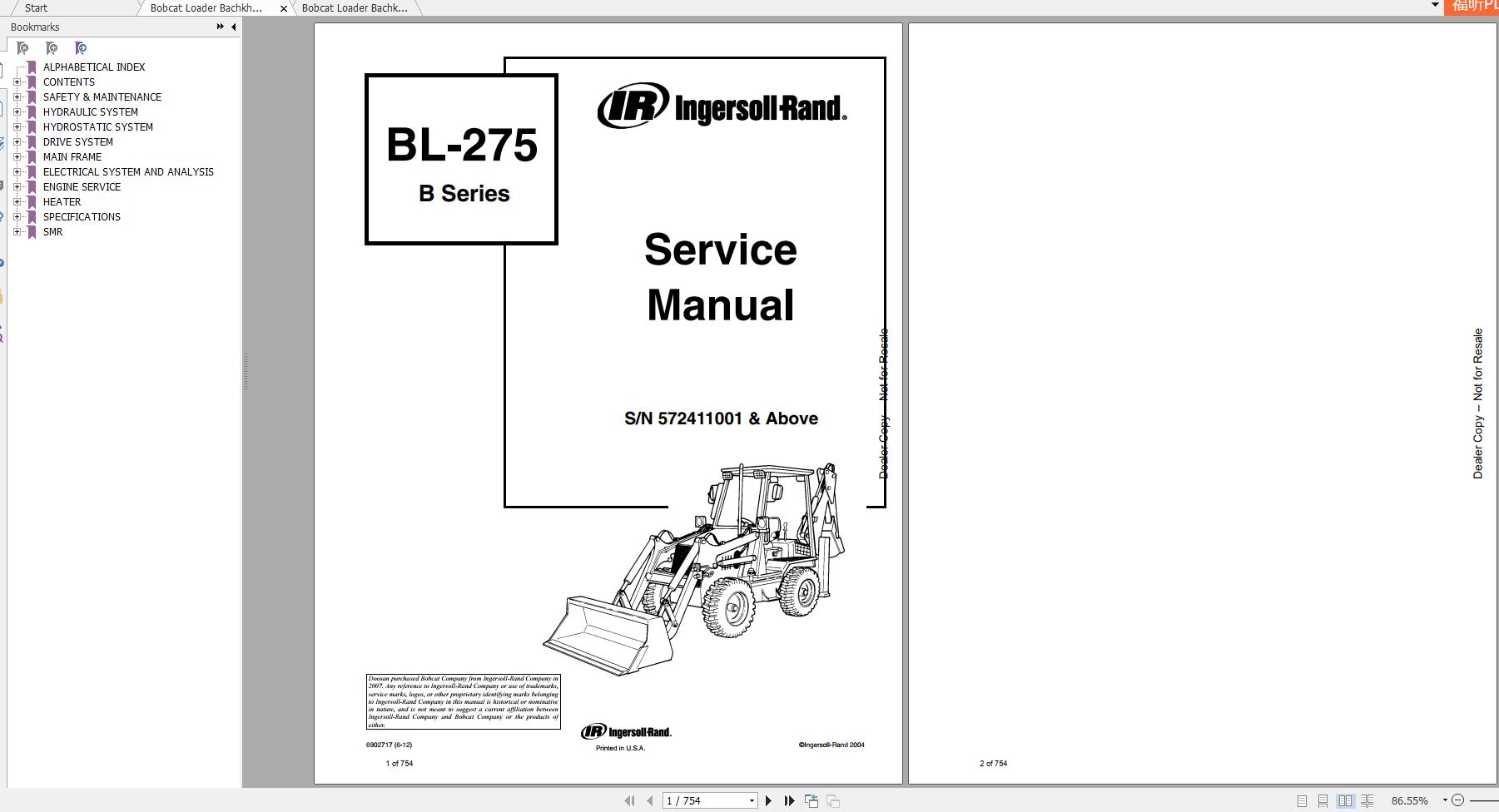 Bobcat Loader Bachkhoe BL275 Service Manuals 1