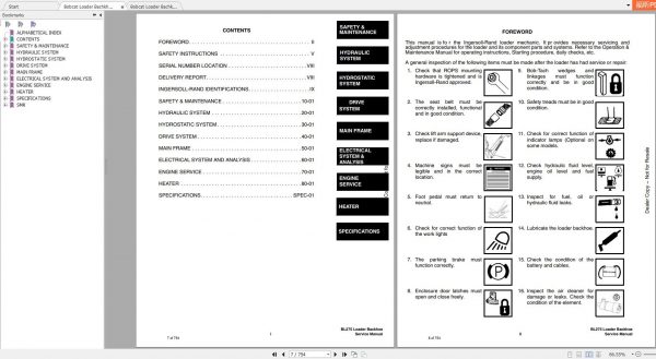 Bobcat Loader Bachkhoe BL275 Service Manuals 2