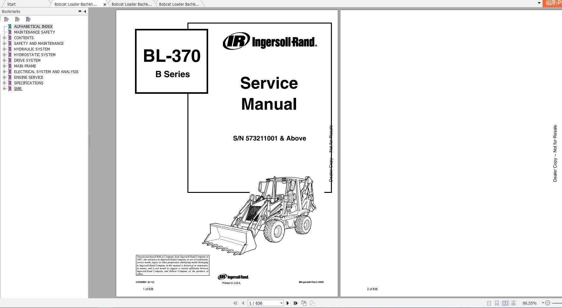 Bobcat Loader Bachkhoe BL370 B Series Service Manuals 1
