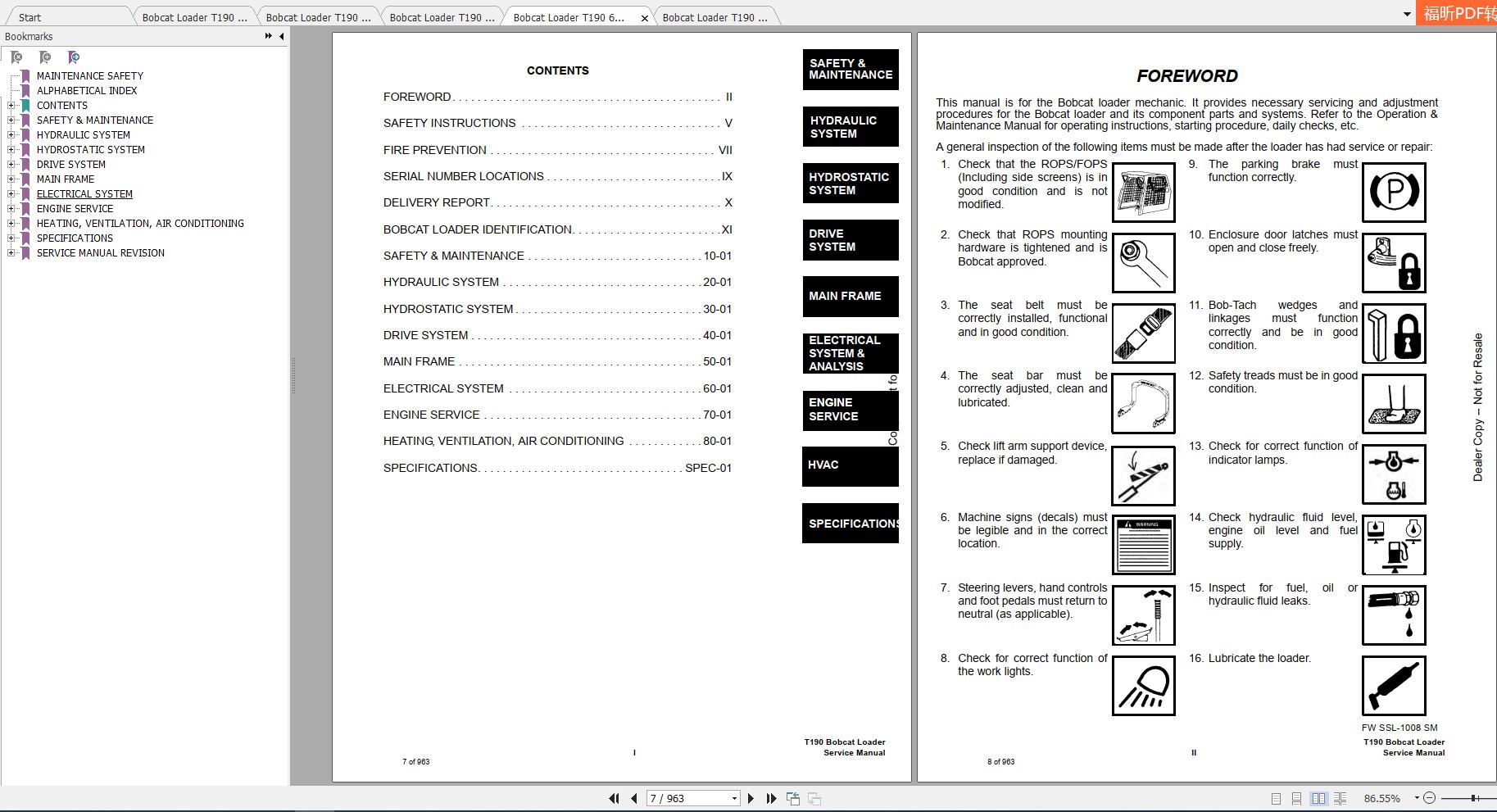 Bobcat Loader T190 Service Manuals