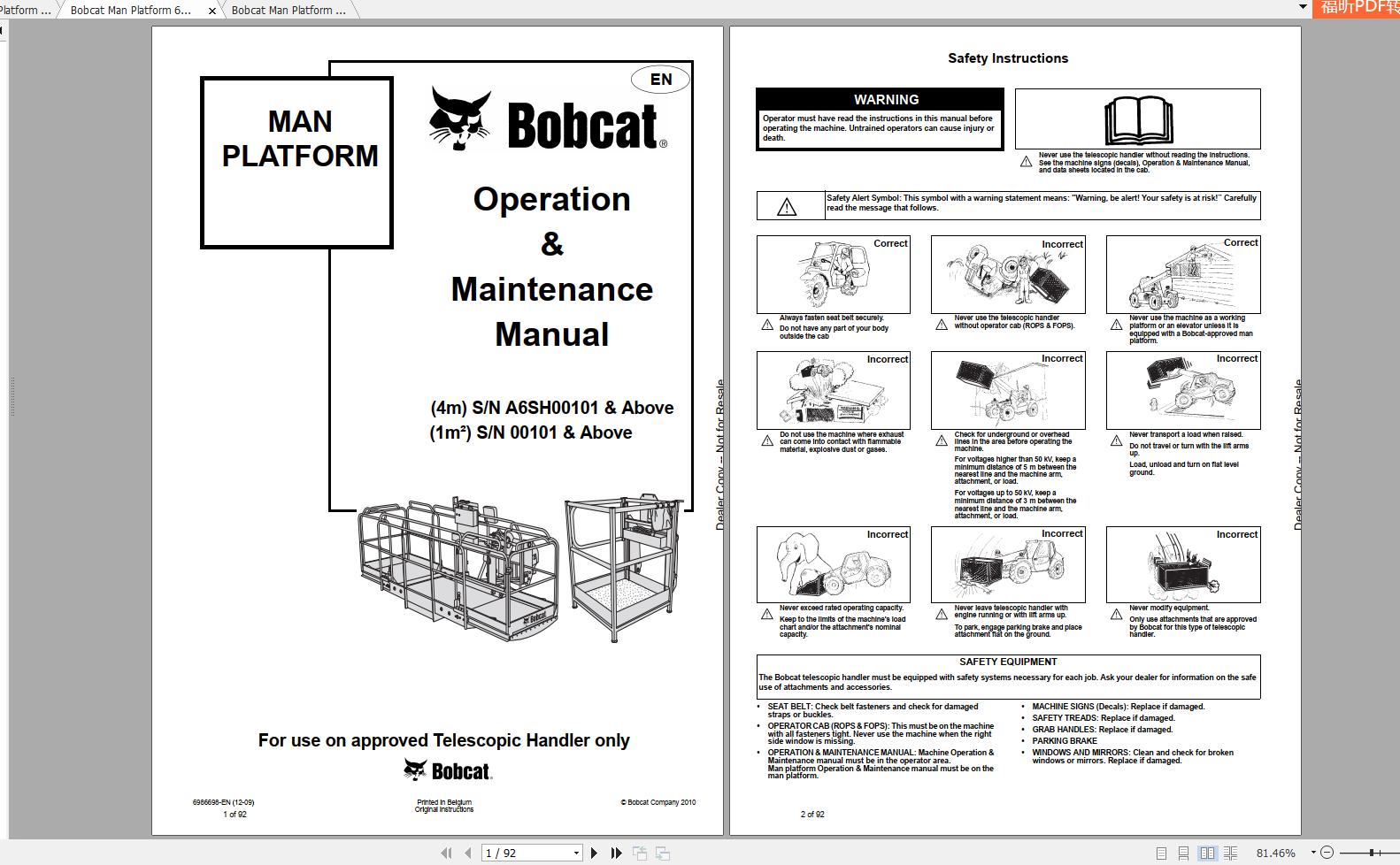 Bobcat Man Platform Operation Maintenance Manuals 1