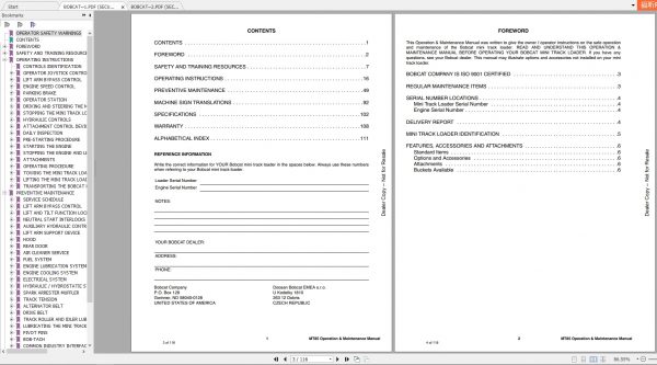 Bobcat Mini Loader MT502 MT80 Operaton Maintenance Manuals 3