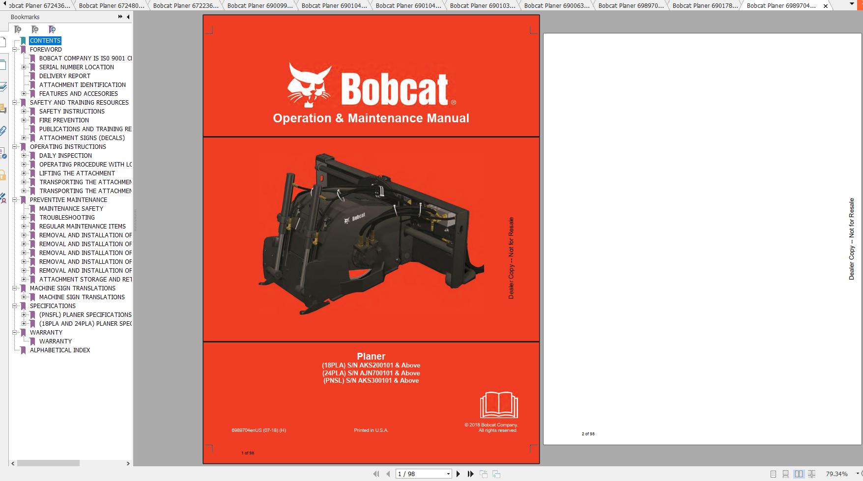 Bobcat Planer Operation Maintenance Manuals 1
