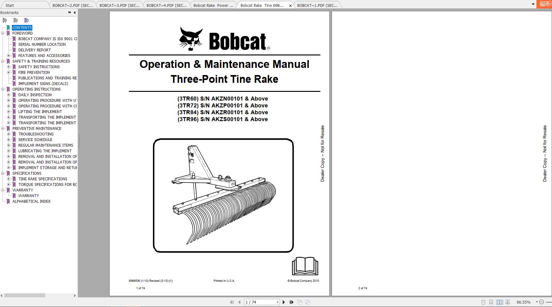 Bobcat Rake Operation Maintenance Manuals 1