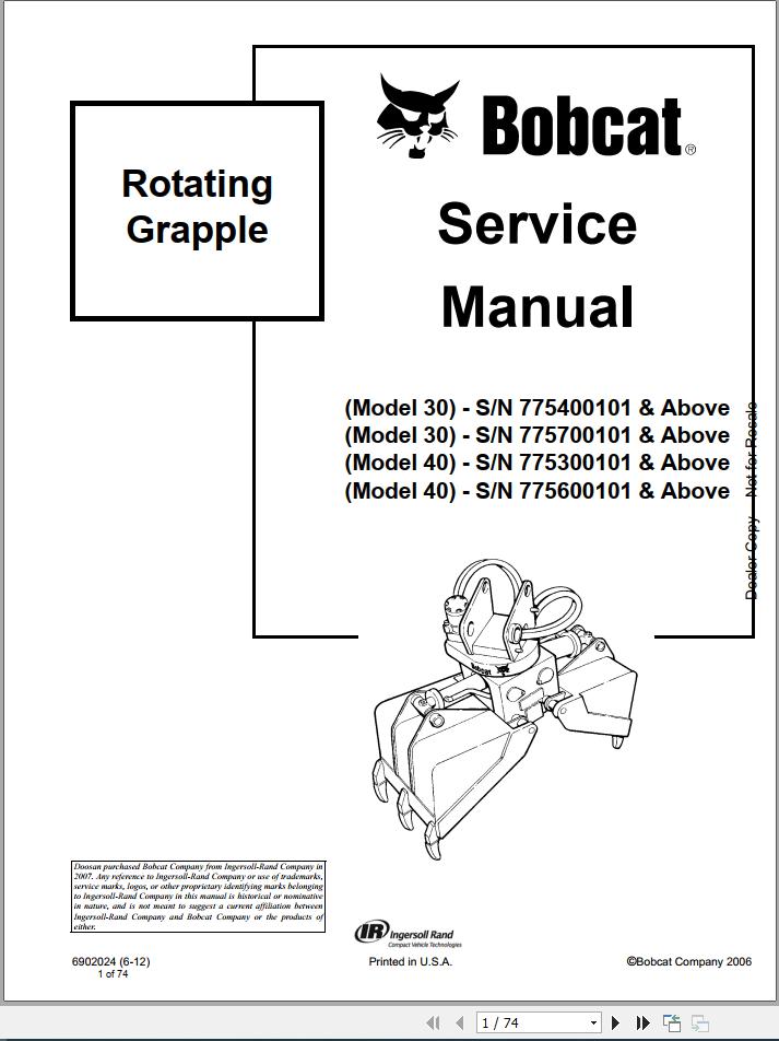 Bobcat Rotating Grapple 30 40 Service Manual6902024 1