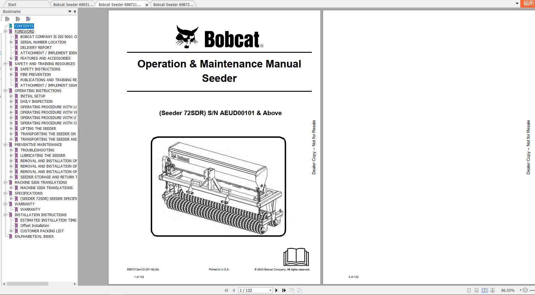 Bobcat Seeder Operation Maintenance Manuals 1