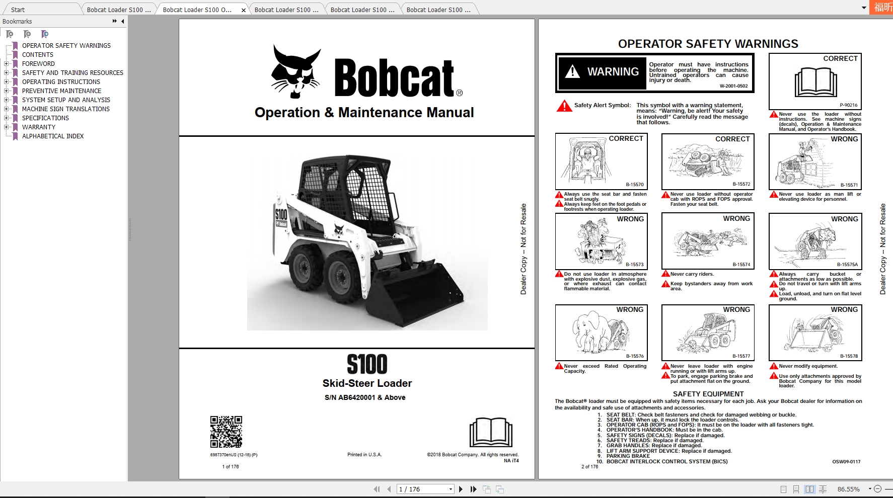 Bobcat Skid Steer Loader S100 Operaton Maintenance Manuals 1