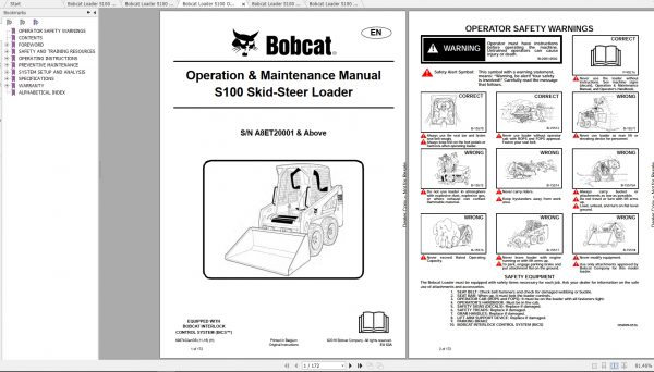 Bobcat Skid Steer Loader S100 Operaton Maintenance Manuals 2