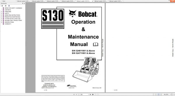 Bobcat Skid Steer Loader S130 Operaton Maintenance Manuals 2