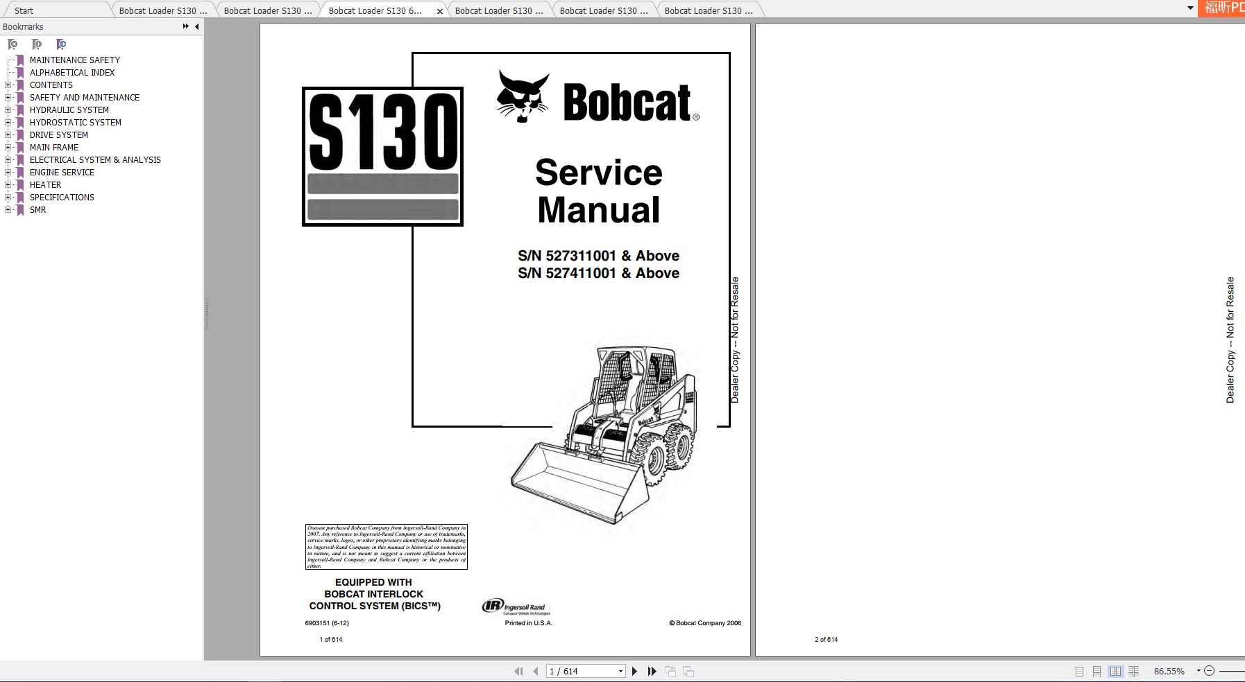 Bobcat Skid Steer Loader S130 Service Manuals 1