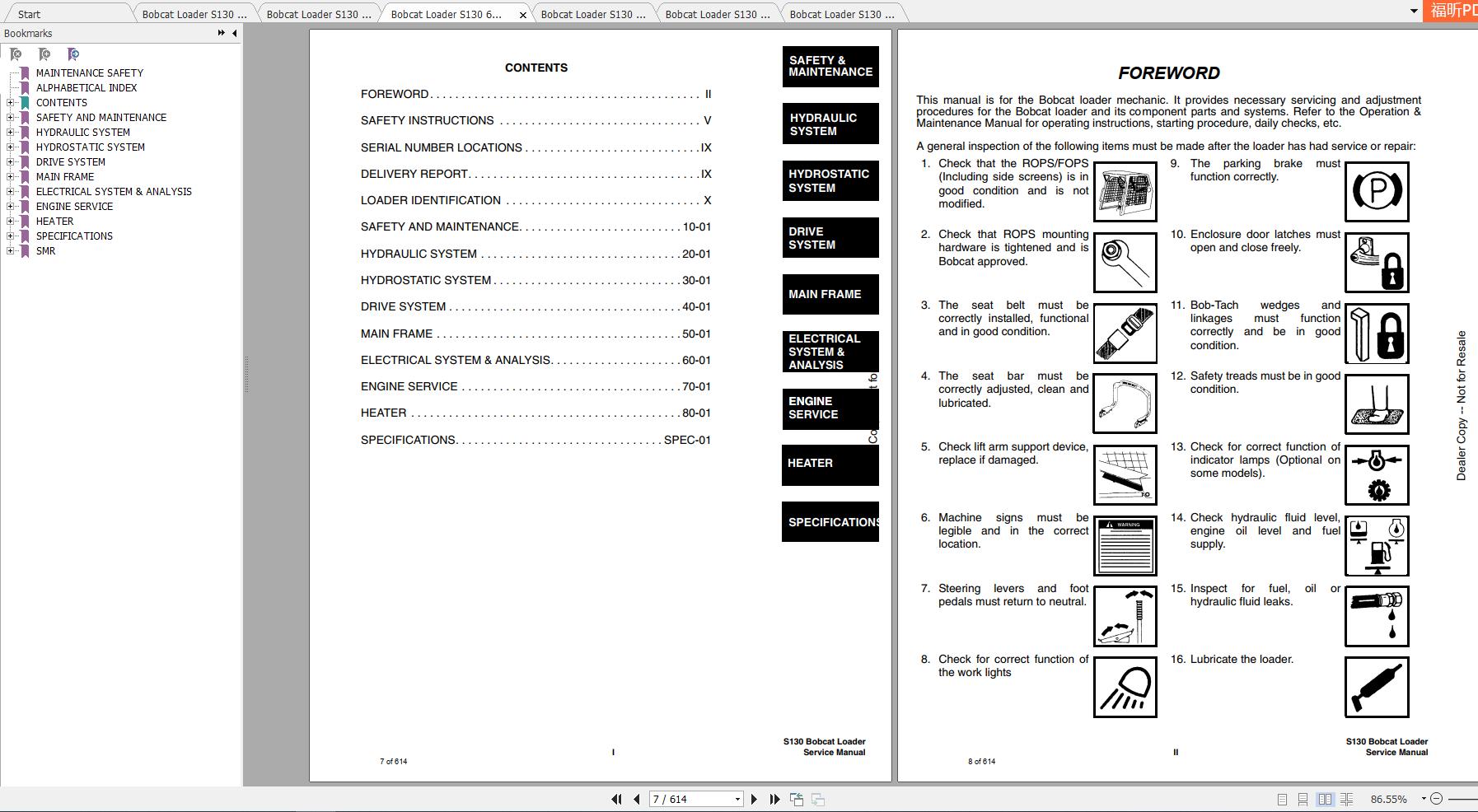 Bobcat SkidSteer Loader S130 Service Manuals
