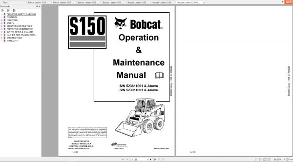 Bobcat Skid Steer Loader S150 Operaton Maintenance Manuals 2