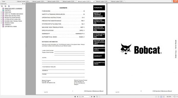 Bobcat Skid Steer Loader S150 Operaton Maintenance Manuals 3