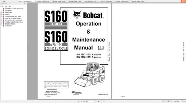 Bobcat Skid Steer Loader S160 Operaton Maintenance Manuals 1