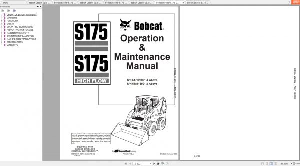 Bobcat Skid Steer Loader S175 Operaton Maintenance Manuals 1