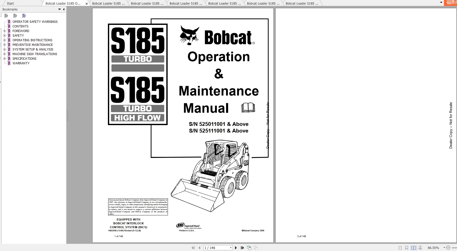Bobcat Skid Steer Loader S185 Operaton Maintenance Manuals 1