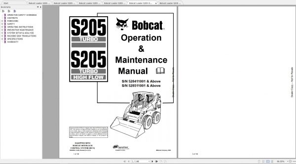 Bobcat Skid Steer Loader S205 Operaton Maintenance Manuals 1