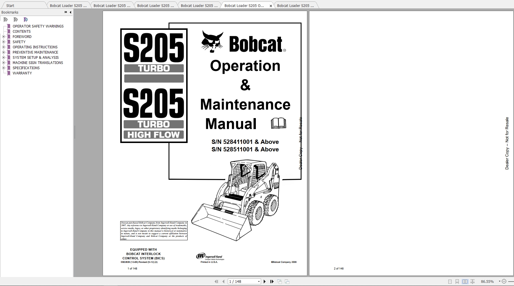 Bobcat Skid Steer Loader S205 Operaton Maintenance Manuals 1
