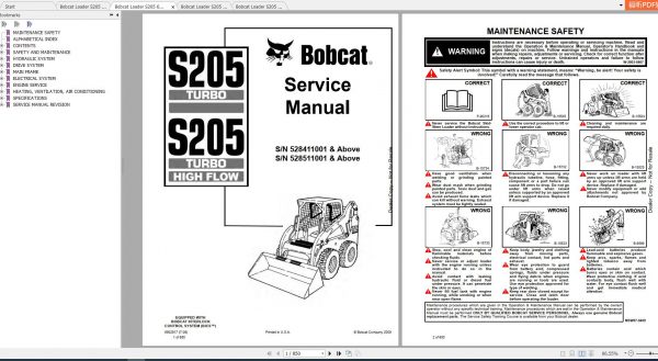 Bobcat Skid Steer Loader S205 Service Manuals 1