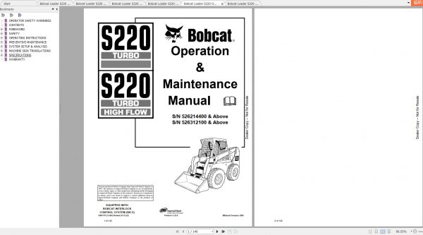 Bobcat Skid Steer Loader S220 Operaton Maintenance Manuals 1