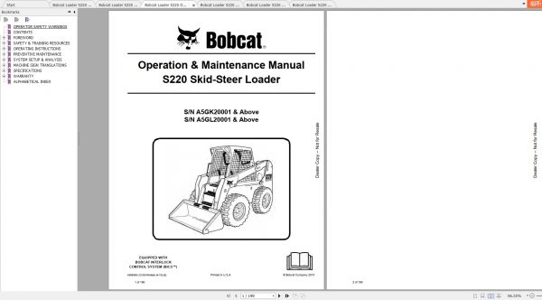 Bobcat Skid Steer Loader S220 Operaton Maintenance Manuals 2
