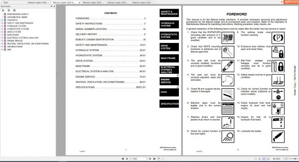 Bobcat Skid Steer Loader S220 Service Manuals 2